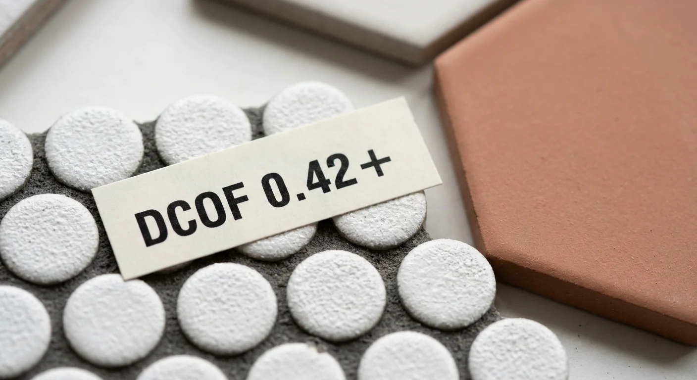 A macro shot of penny round tiles and a label reading DCOF 0.42, highlighting slip-resistant bathroom flooring options.