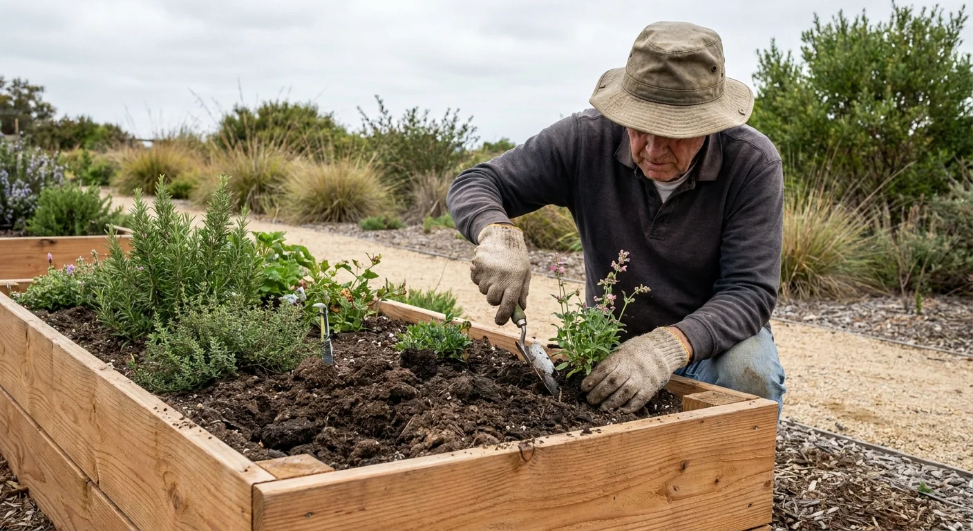 A man in his 60s gardening in a waist-high cedar raised bed in a backyard with native landscaping.