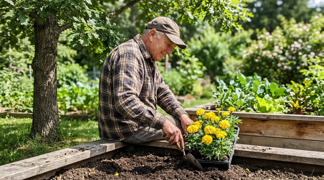 A man sits comfortably on the edge of a waist-high cedar raised garden bed while planting flowers.