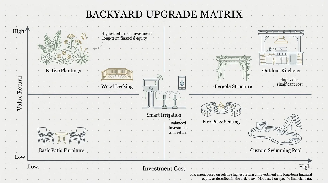 A matrix diagram showing backyard upgrades mapped by their investment cost versus their value return.