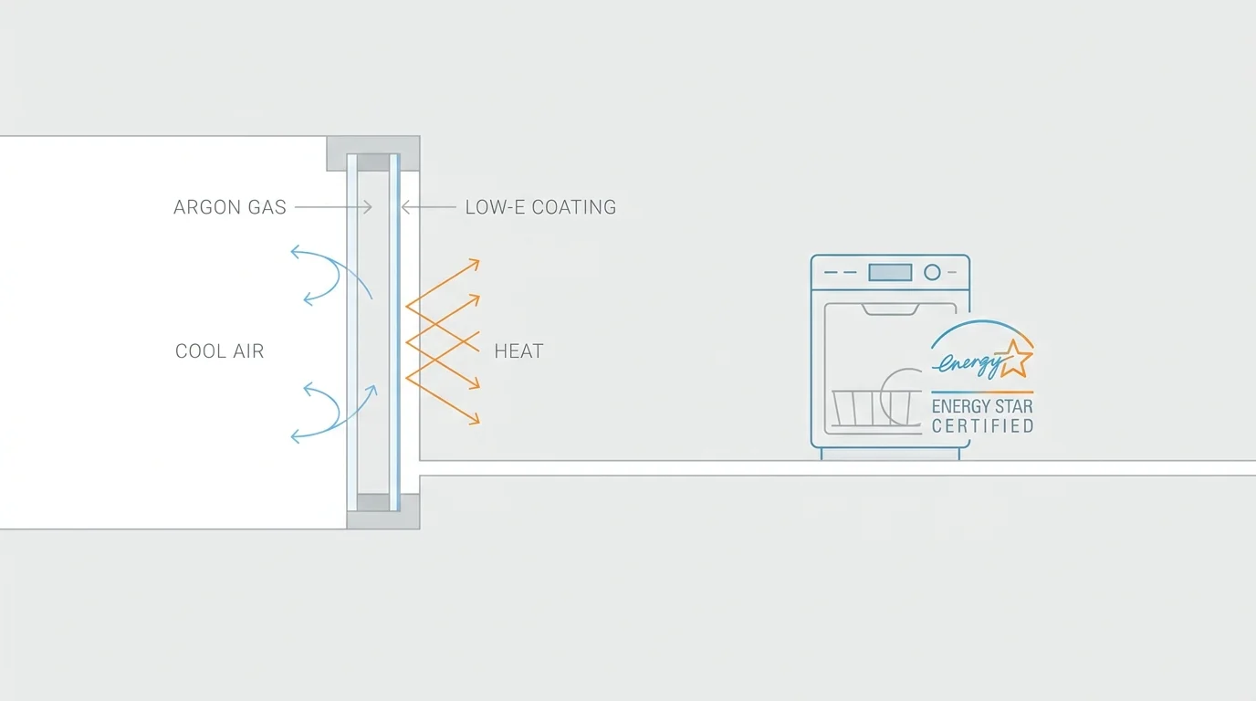A minimalist diagram showing how energy-efficient windows reflect heat while keeping cool air inside.