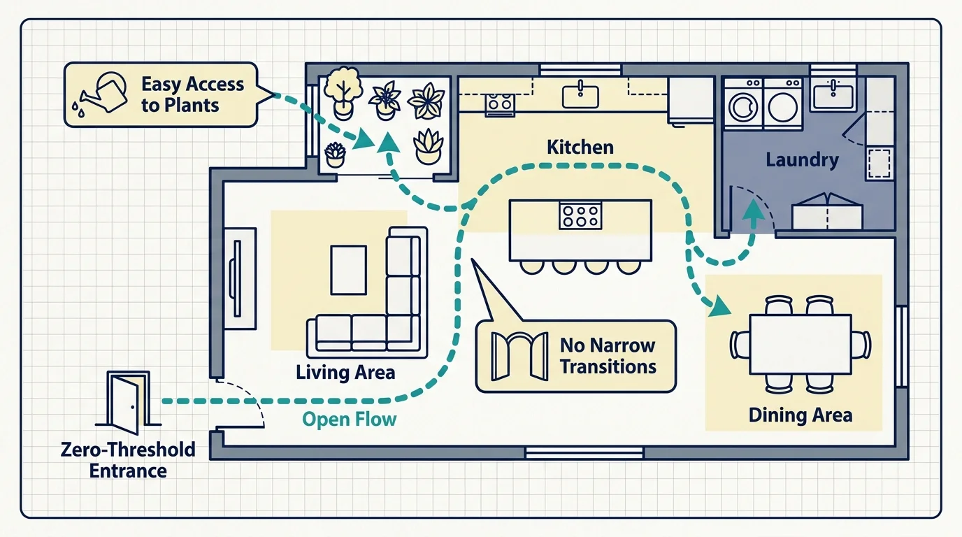 A minimalist floor plan diagram of a single-story home showing an open flow between the kitchen, dining, and living areas with no stairs.