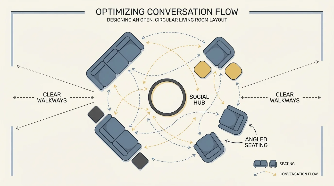 A minimalist floor plan diagram showing furniture arranged in a circle with arrows indicating conversation flow.