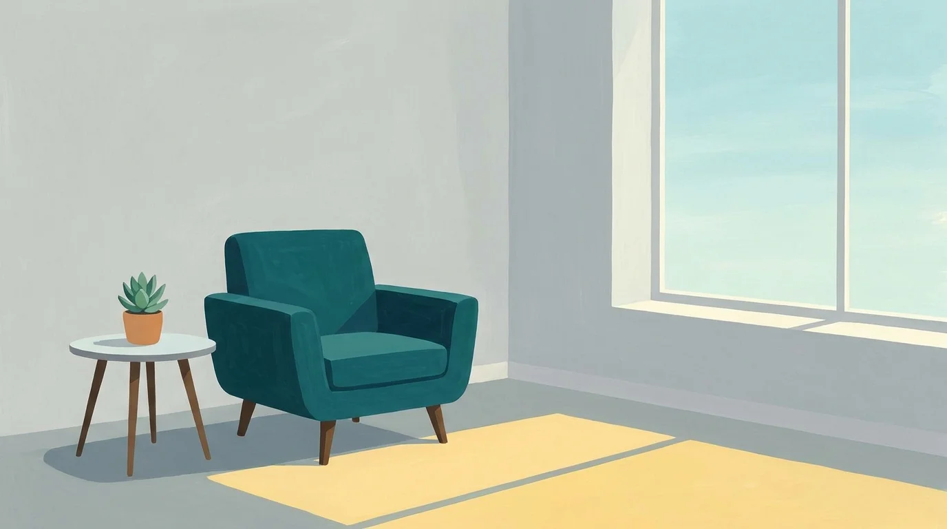 A minimalist gouache painting of a simple, sunlit room with a single armchair and a small plant.