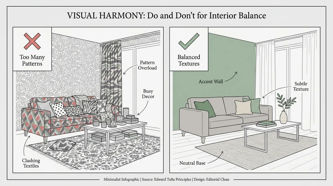 A minimalist infographic showing the difference between a cluttered room and a balanced, modern 70s design.