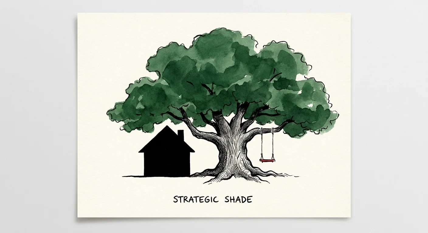 A minimalist ink and green wash sketch of a large, mature oak tree with a small red swing.