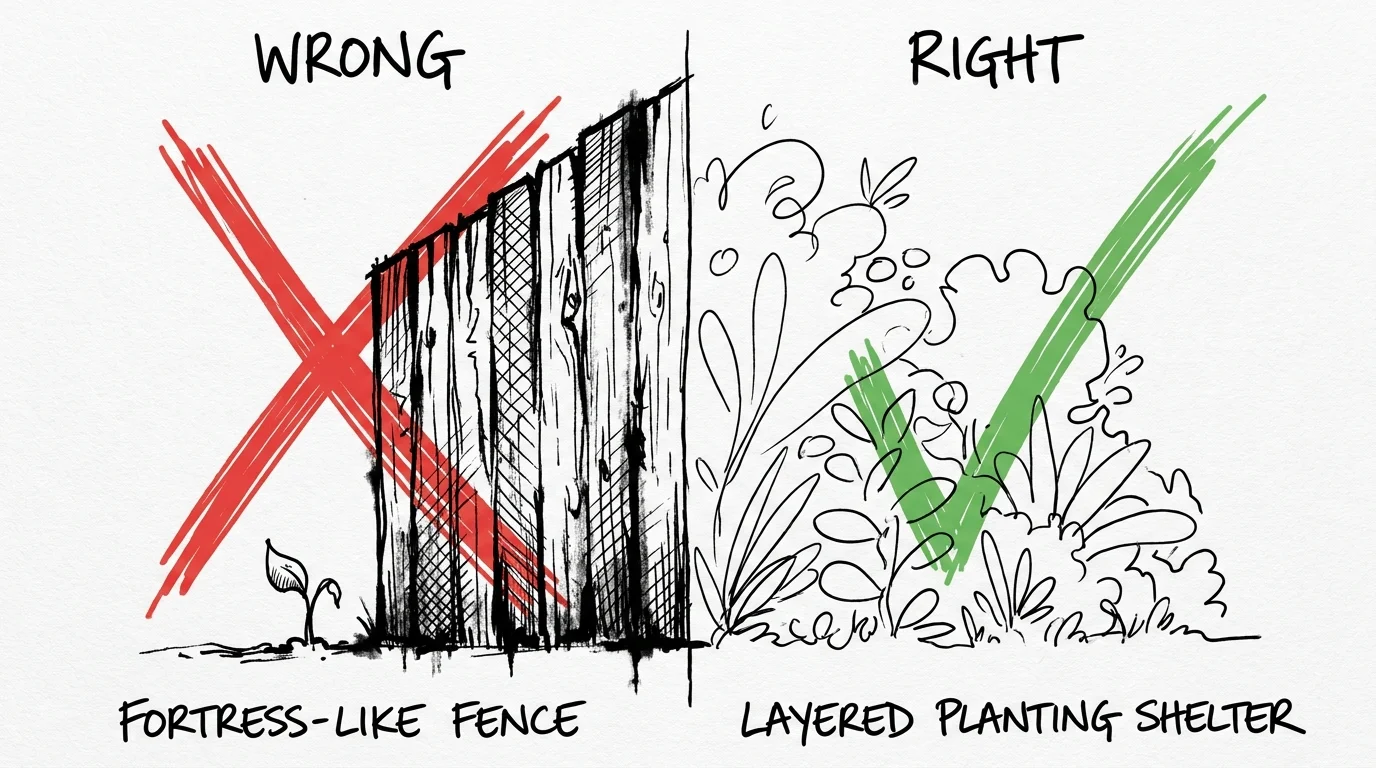 A minimalist ink sketch comparing a restrictive tall fence to a welcoming layered plant border.