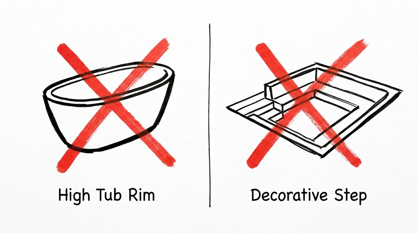 A minimalist ink sketch showing a deep tub and a sunken floor step, both marked with a red X to indicate they are hazards.