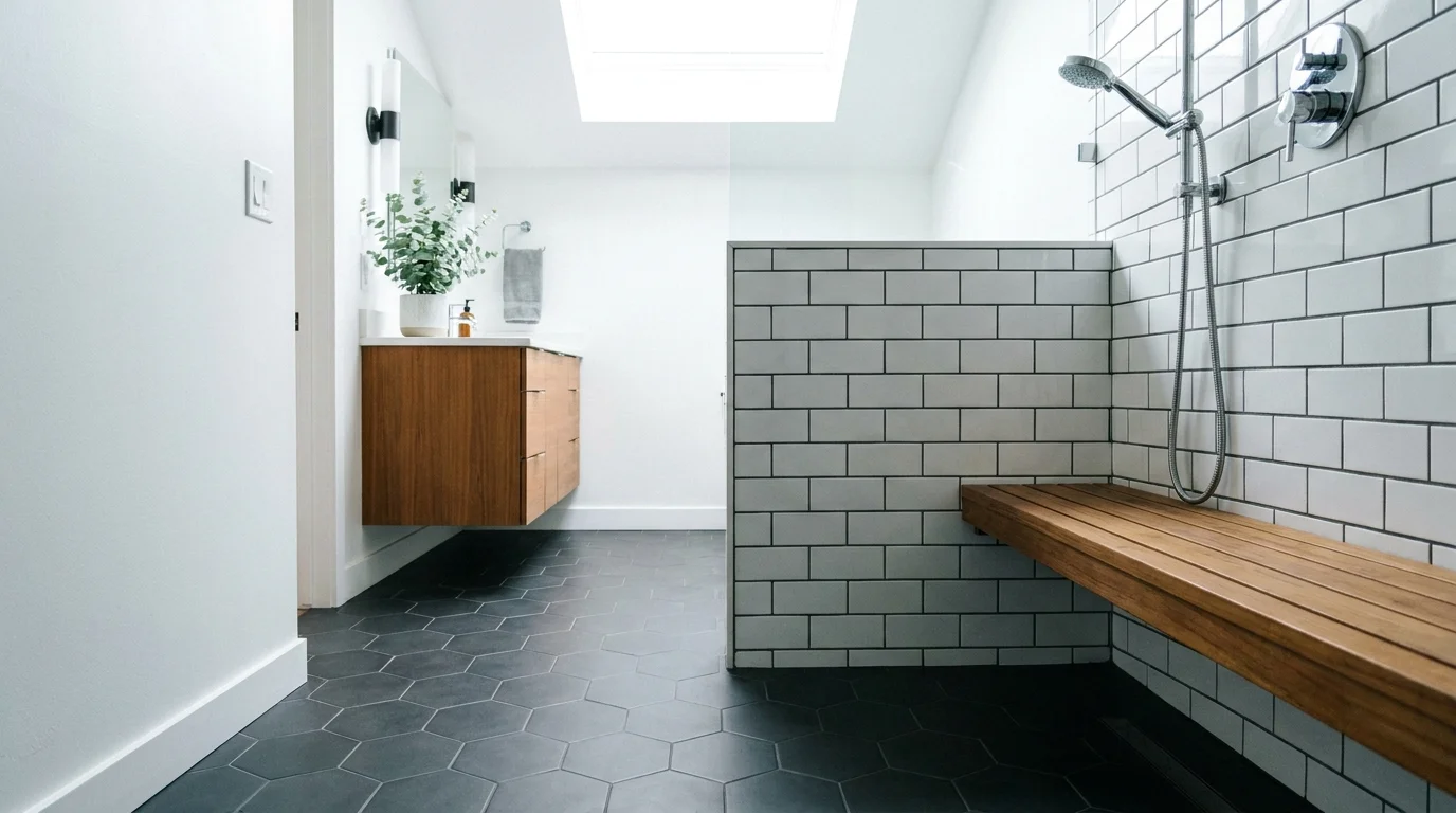A modern bathroom featuring a curbless shower with continuous floor tiling and a built-in teak bench.