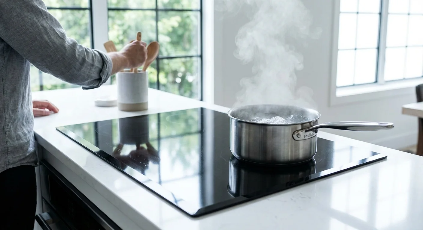 A modern induction cooktop with a pot of boiling water in a bright, clean kitchen setting.