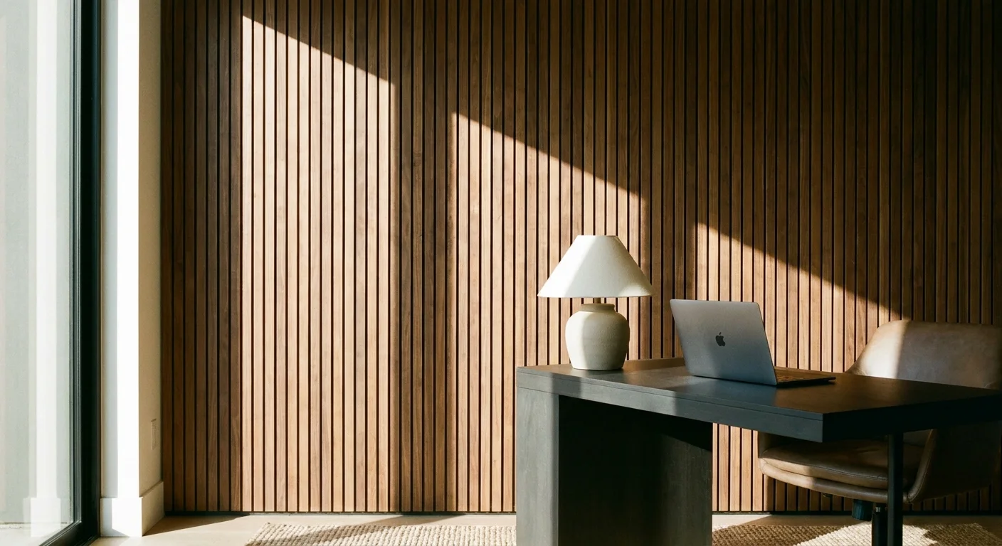 A modern room featuring a vertical wood slat accent wall with rhythmic shadows and natural walnut grain.