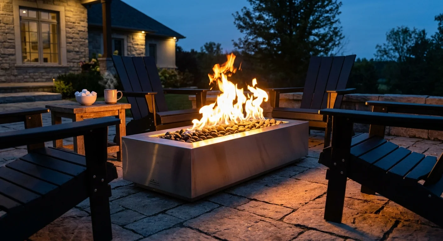 A modern, smoke-free fire pit burning brightly on a stone patio surrounded by black outdoor chairs at dusk.