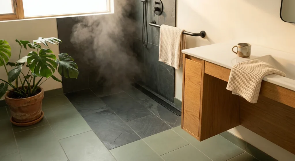 A modern, stylish bathroom featuring a curbless shower, floating oak vanity, and matte black safety bars that blend into the decor.