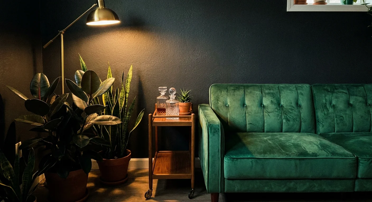 A moody basement lounge with a green velvet sofa, dark walls, and large indoor plants under warm lamp lighting.