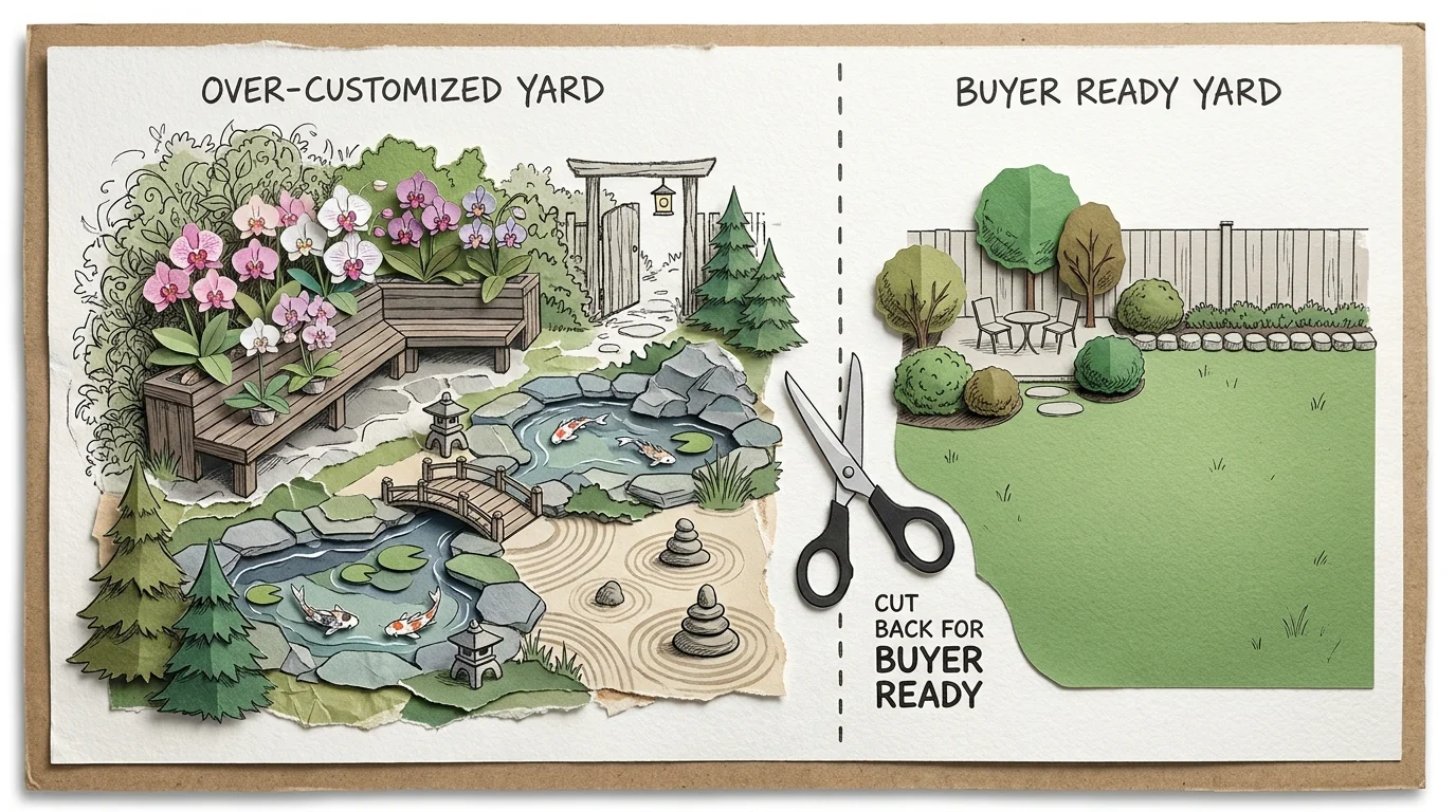 A paper-craft illustration comparing a highly specialized garden with a simple, high-appeal lawn.
