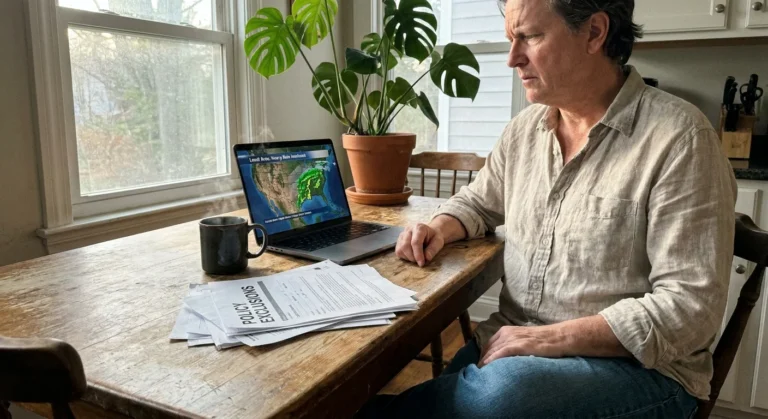 A person at a kitchen table reviewing insurance papers next to a houseplant, captured in a natural, candid documentary style.