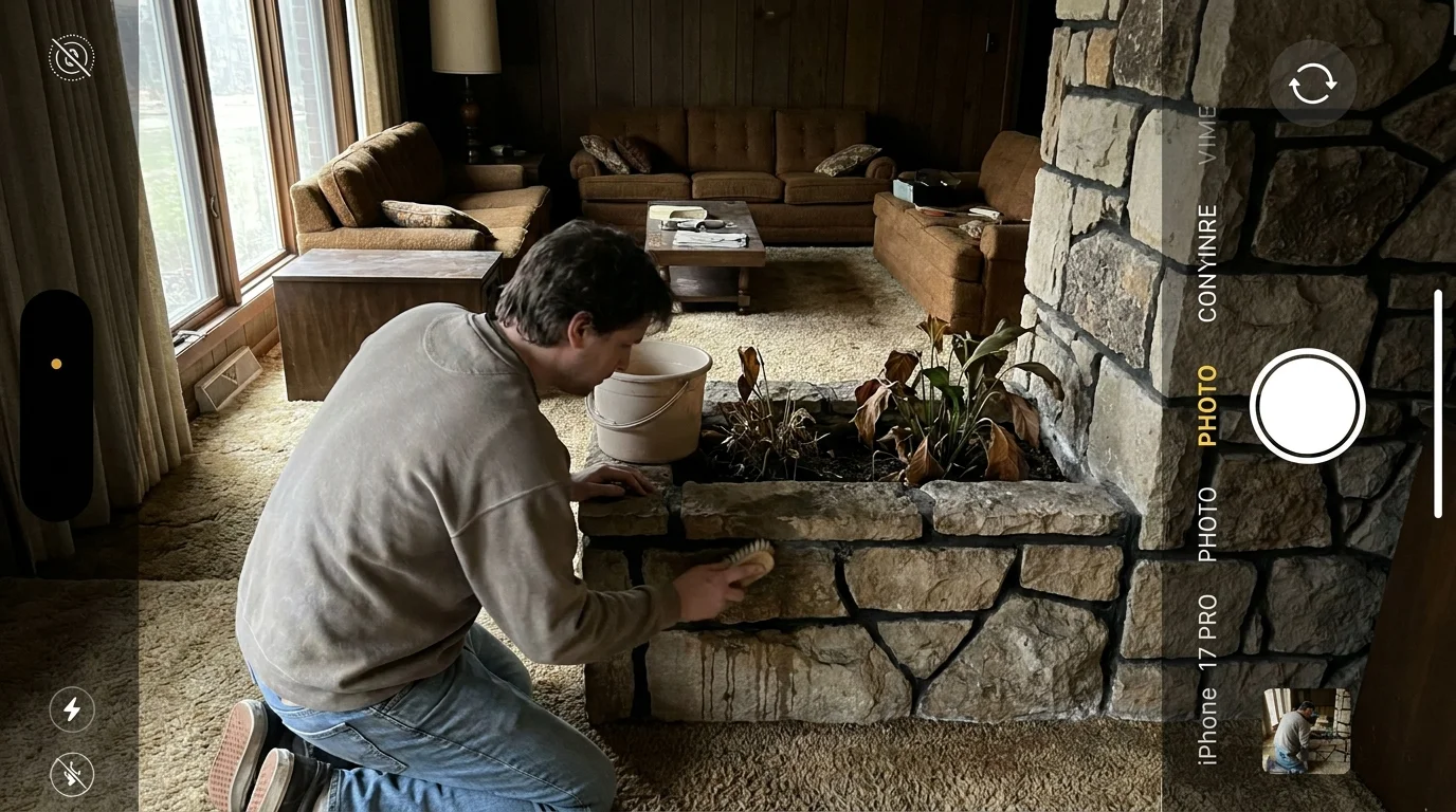 A person cleaning a dated, built-in stone indoor planter in a living room, highlighting maintenance issues.