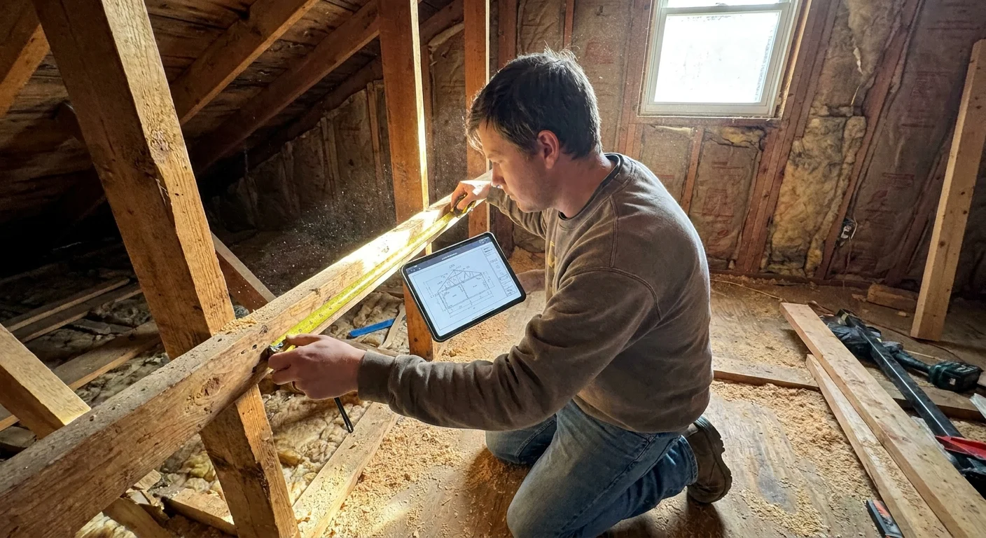 A person measuring a structural beam in an attic while consulting a tablet, highlighting when a DIYer might need professional advice.