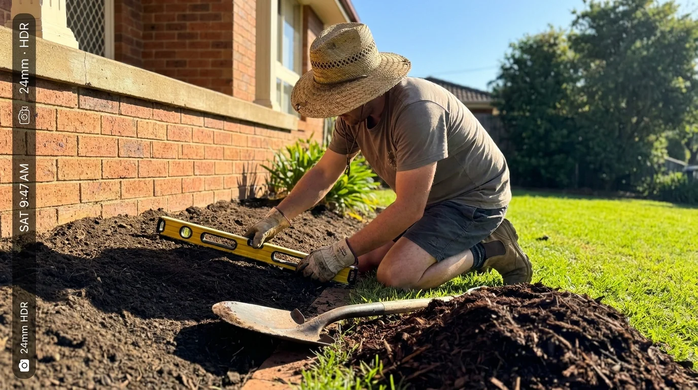 A person using a level to check the slope of the soil next to their house foundation in a sunny garden.
