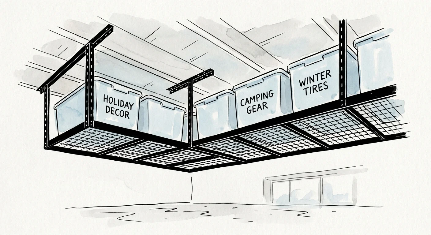 A perspective drawing of black steel overhead racks attached to a garage ceiling, holding labeled storage bins.