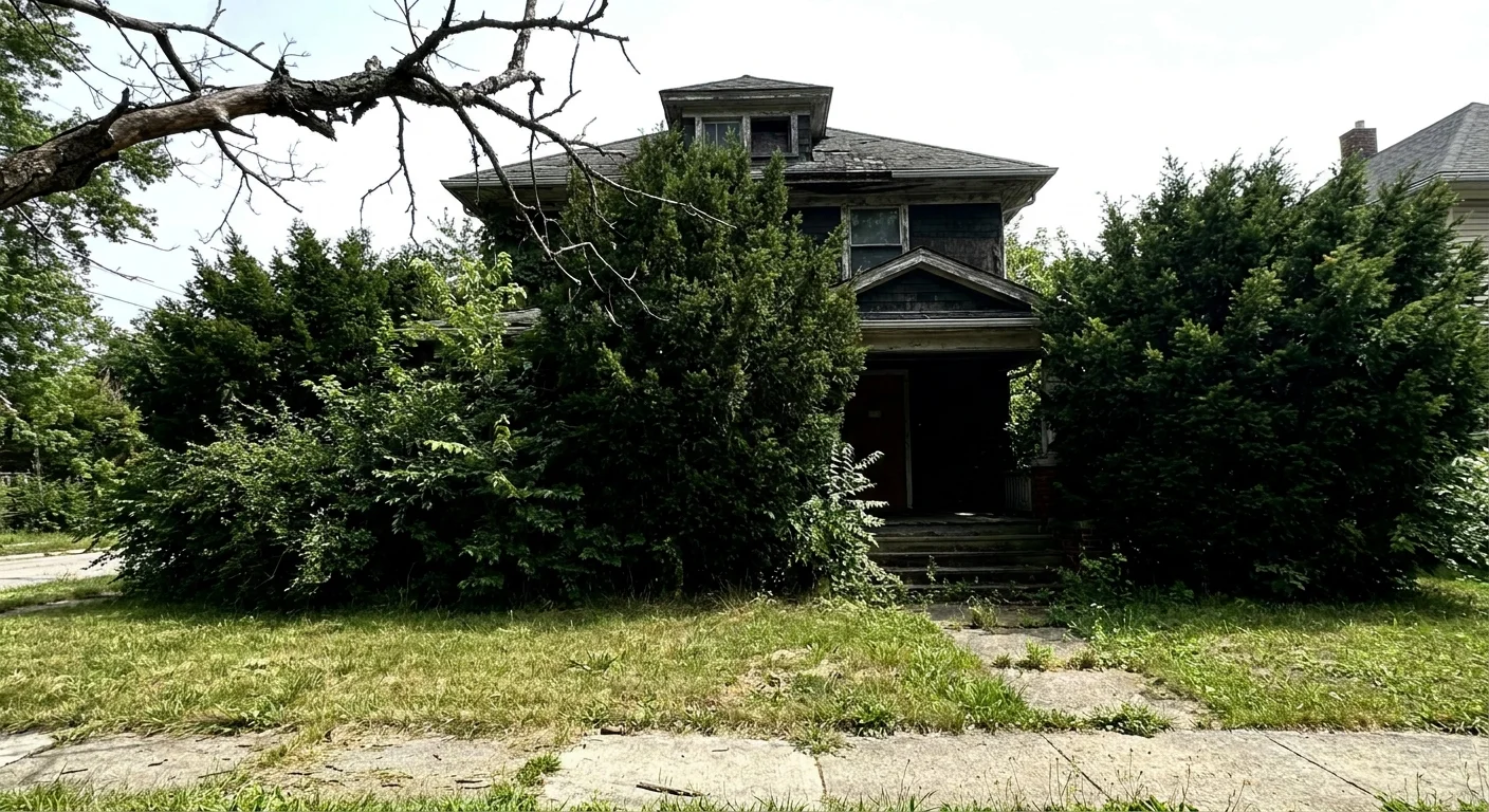 A photo of a house hidden behind overgrown, unpruned bushes and dead tree branches.