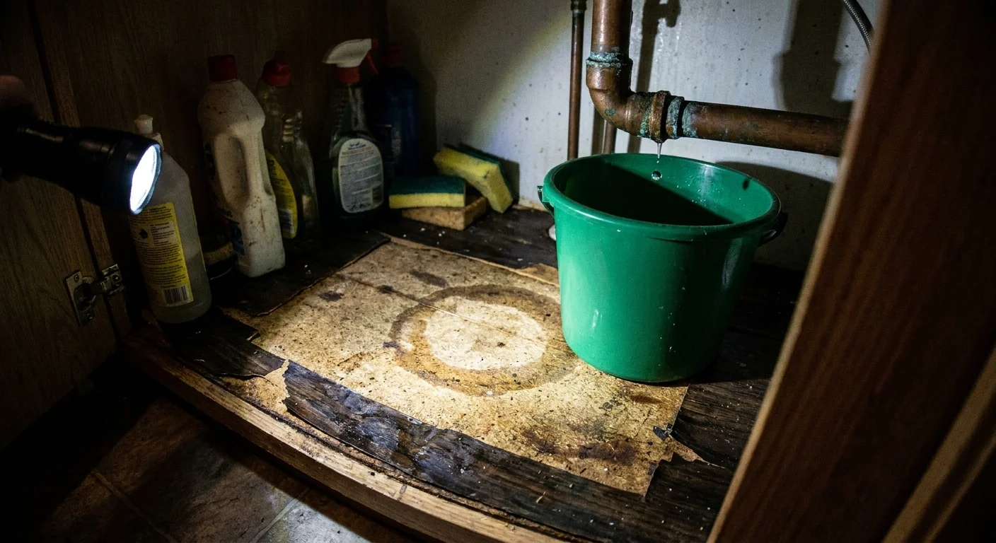 A photo of a plastic bucket catching a leak under a water-damaged kitchen sink cabinet.