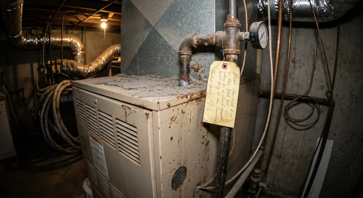A photo of an old, dusty furnace in a basement with an outdated maintenance tag hanging from it.