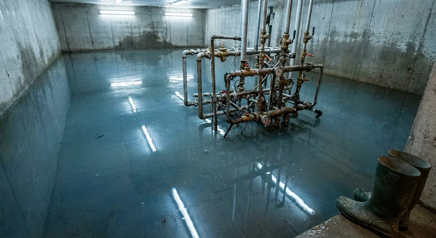 A photograph of a flooded basement floor with complex plumbing, indicating a situation requiring a professional.