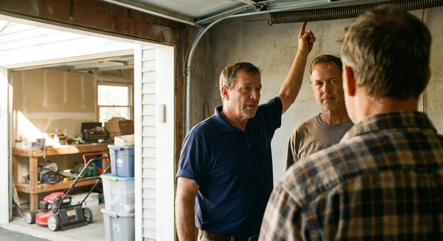 A photograph of a homeowner and a technician discussing a garage door repair in a real, lived-in garage.