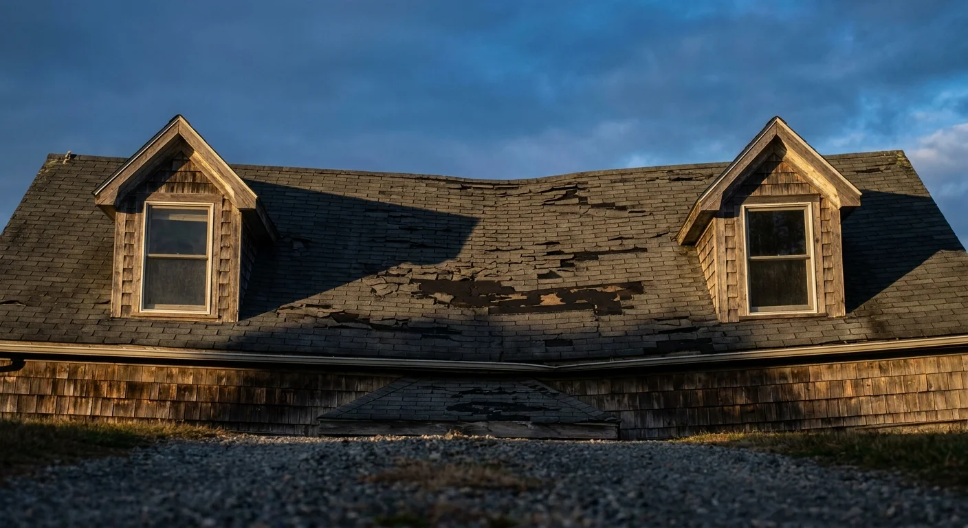 A photograph of a weathered asphalt roof with curling shingles and a visible sag along the ridgeline.