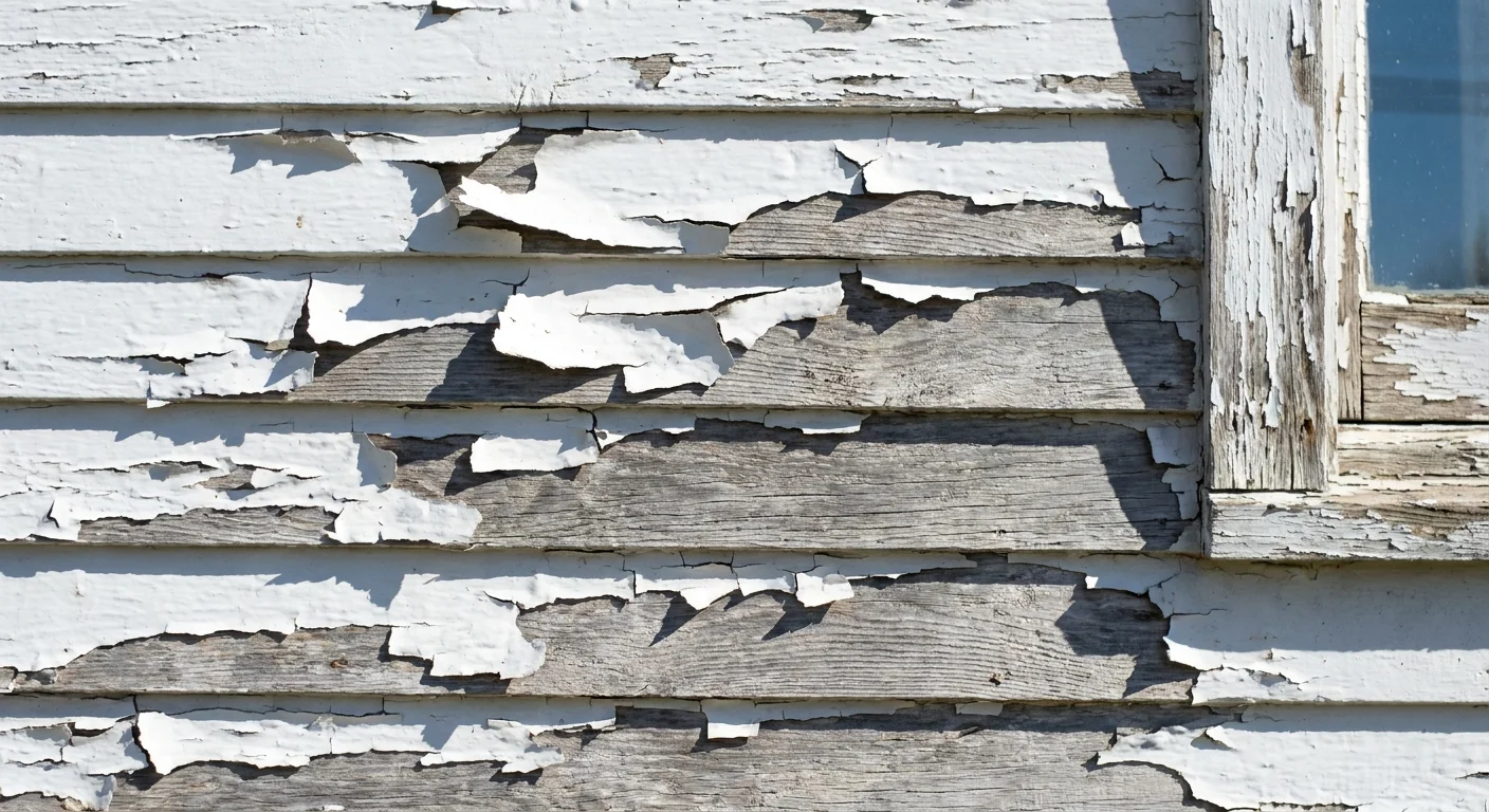 A photograph of white exterior paint peeling in large flakes off of wooden house siding.