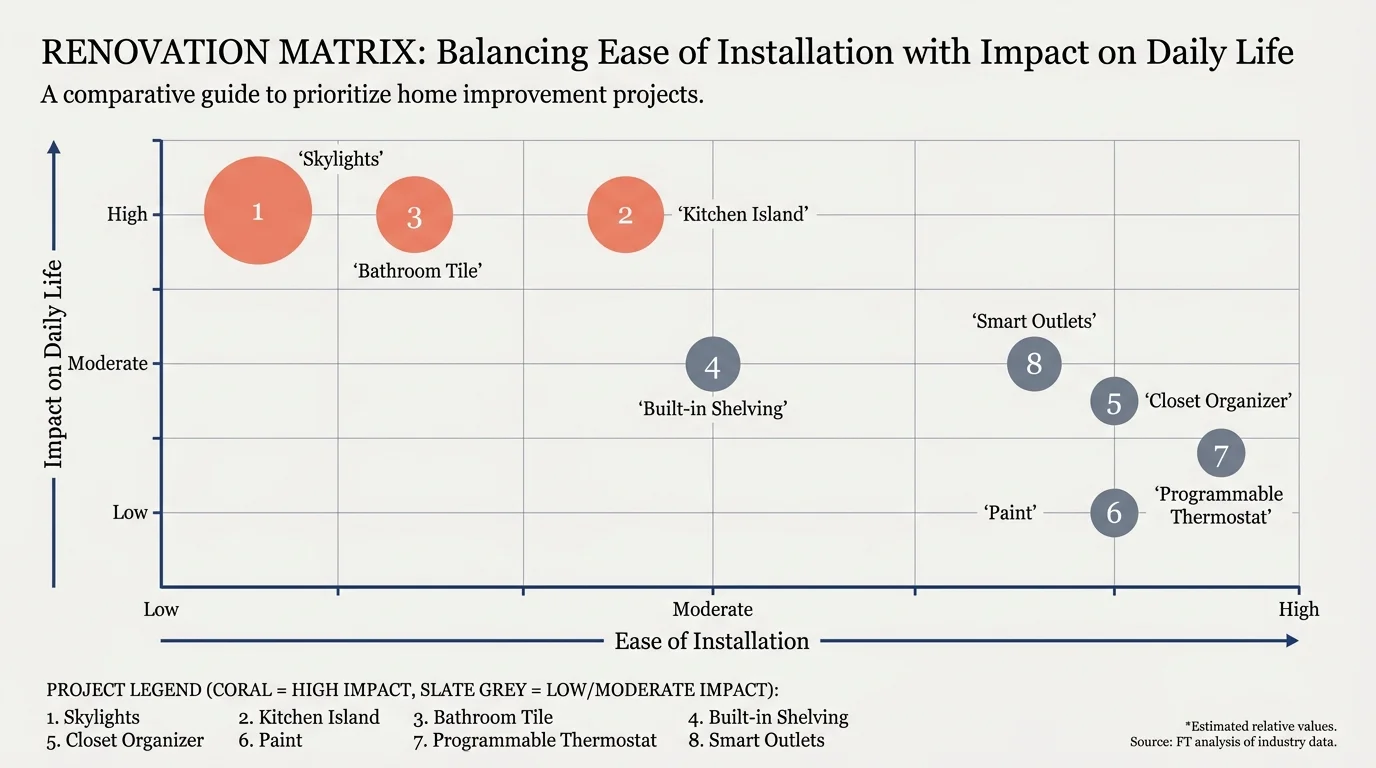 A professional scatter plot diagram comparing 8 home renovations by their impact and ease of installation.
