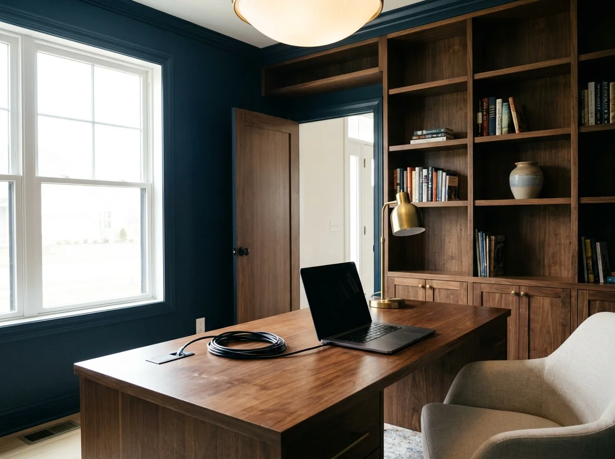 A quiet, professional home office with a large window, built-in shelves, and a solid wood desk.