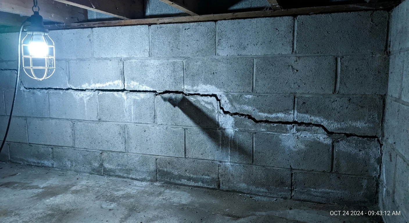 A realistic photo of a horizontal crack in a concrete block basement wall with signs of moisture.