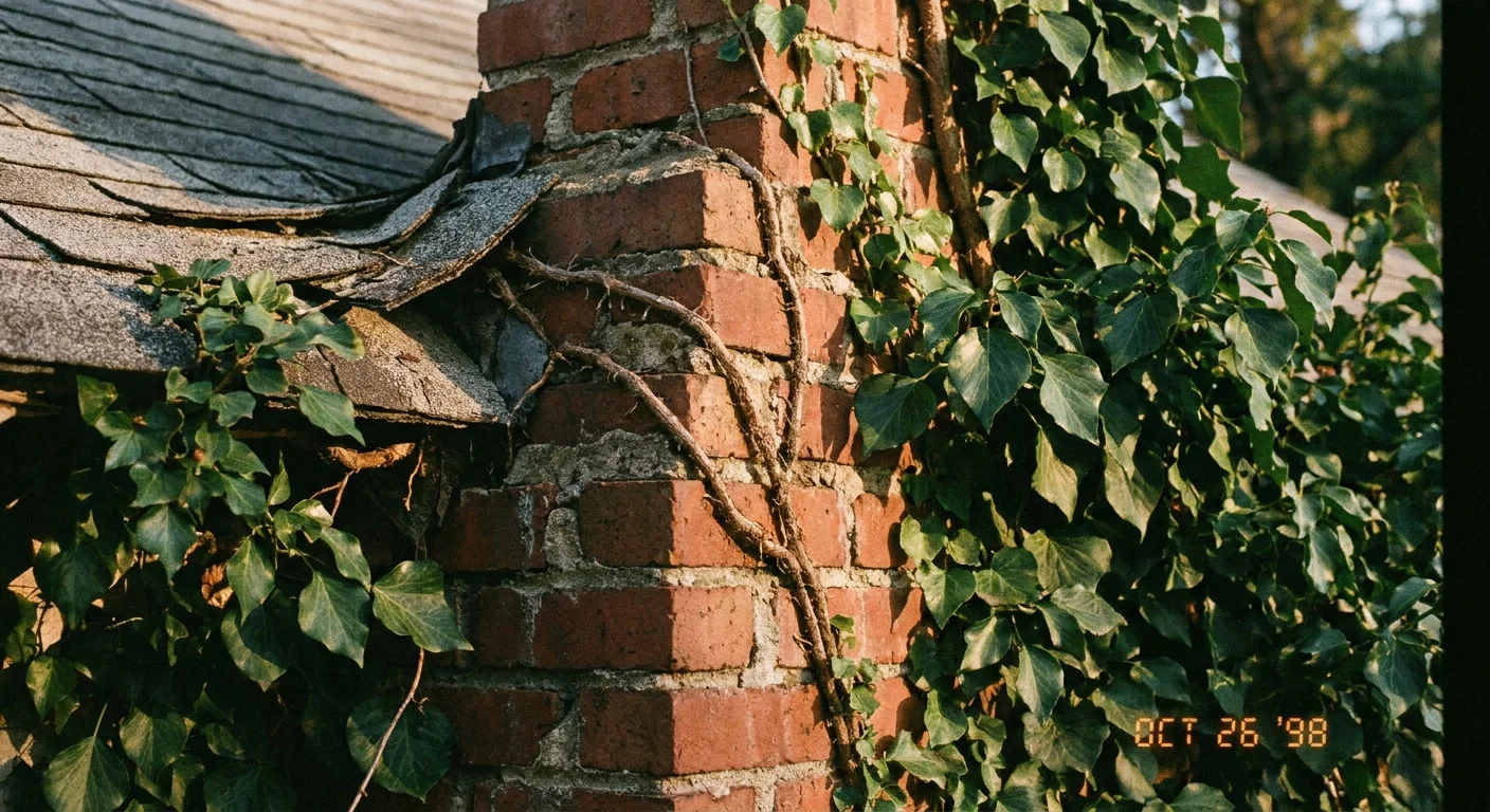 A realistic photo of overgrown ivy pulling at the brickwork and shingles of a house, demonstrating a maintenance mistake.