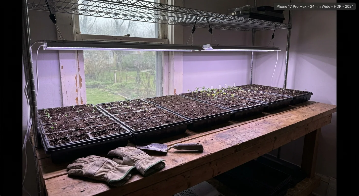 A repurposed guest bedroom featuring a high work table and wire shelves with LED grow lights for starting vegetable seeds.