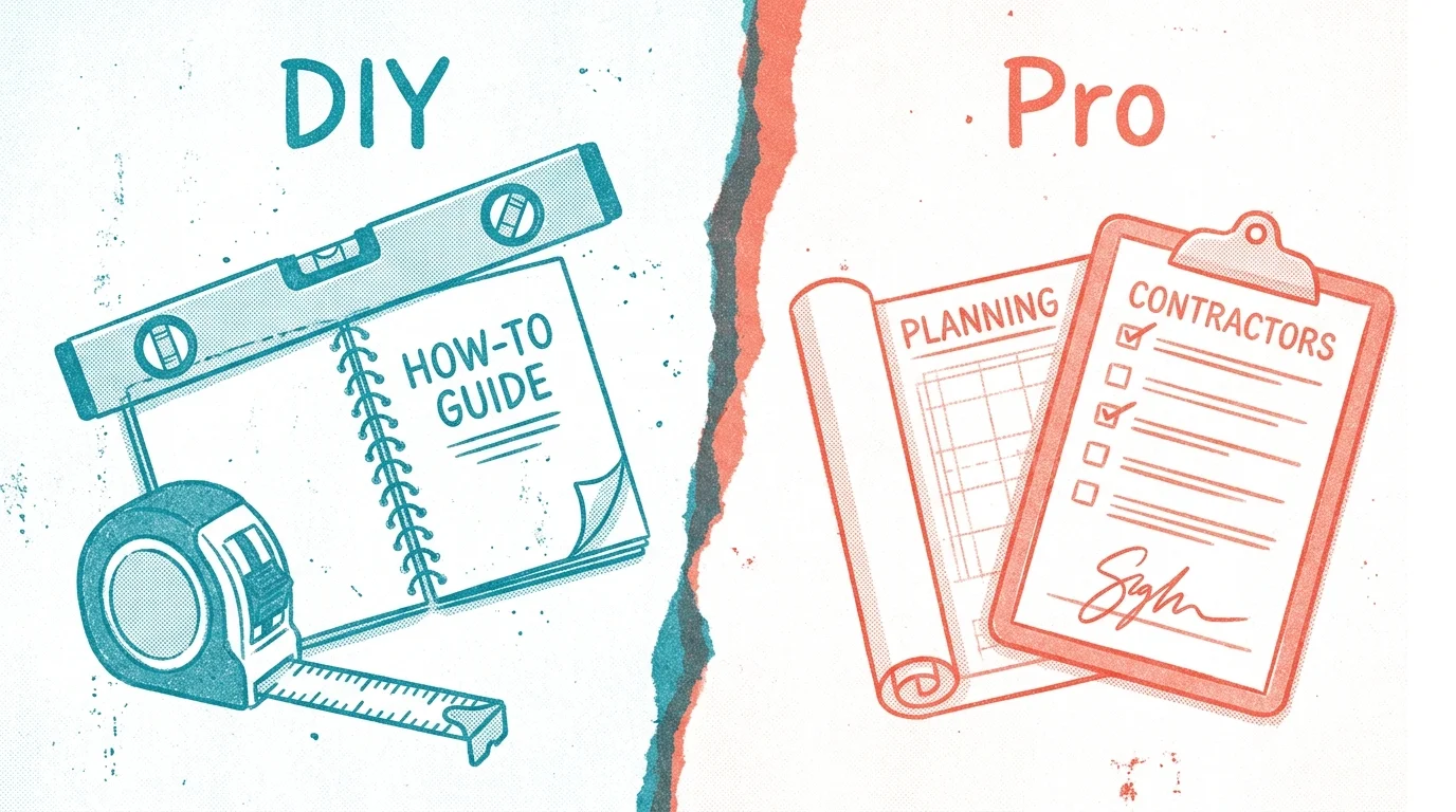 A risograph-style illustration showing tools on one side and blueprints on the other, representing DIY vs. professional help.