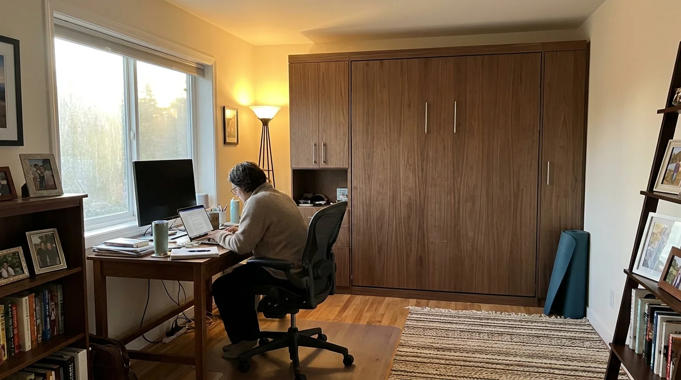 A room used as a home office with a Murphy bed tucked into the wall, showing multi-functional space usage.