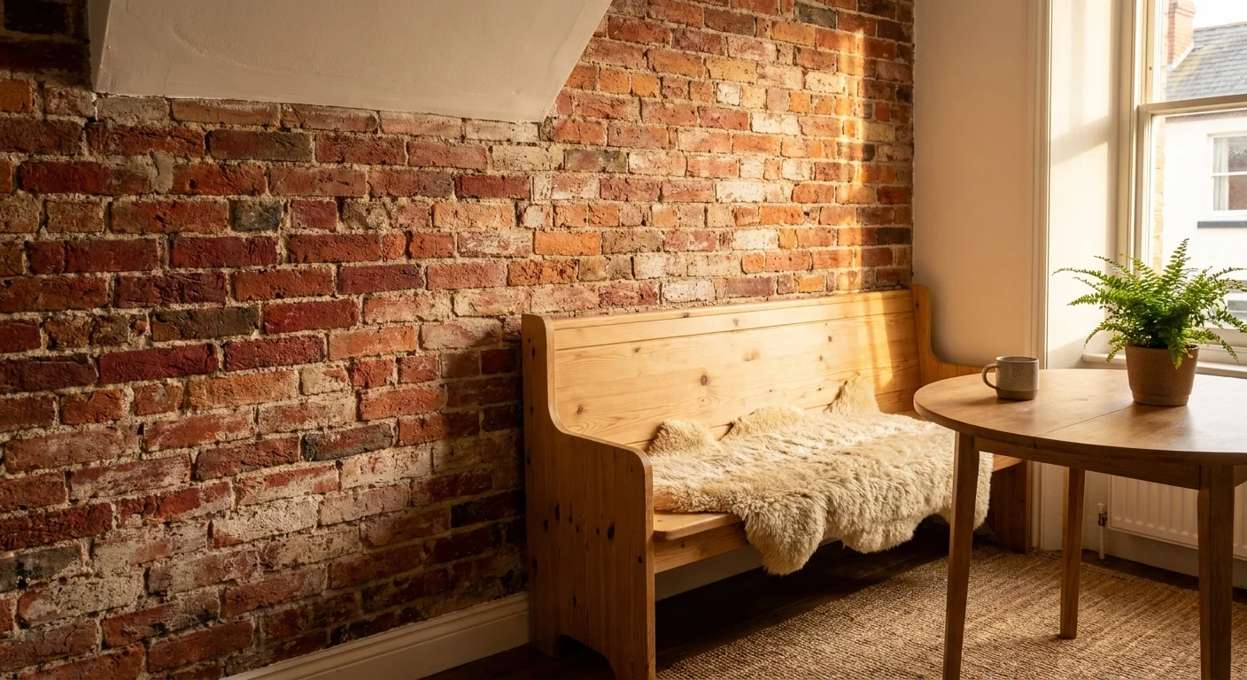 A rustic exposed brick wall in a kitchen, illuminated by soft morning sunlight with a cozy wooden bench.