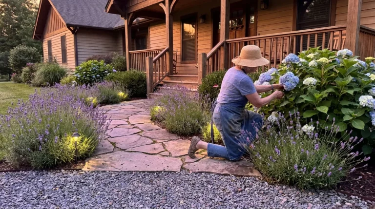A senior gardener prunes hydrangeas next to a well-lit, level flagstone path leading to a home at dusk.