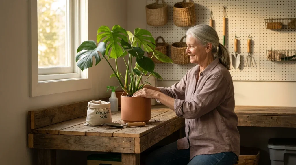 A senior woman works at a waist-high potting bench in a clean, sunlit garage garden station.