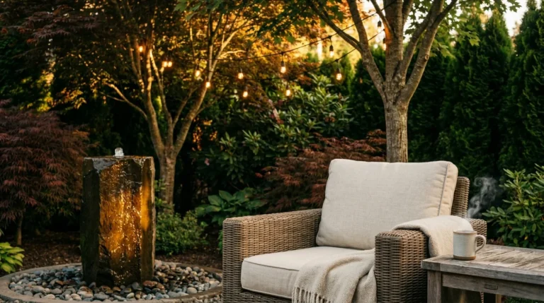 A serene backyard retreat at dusk with a comfortable chair, warm string lights, a stone water feature, and a lush privacy screen of trees.
