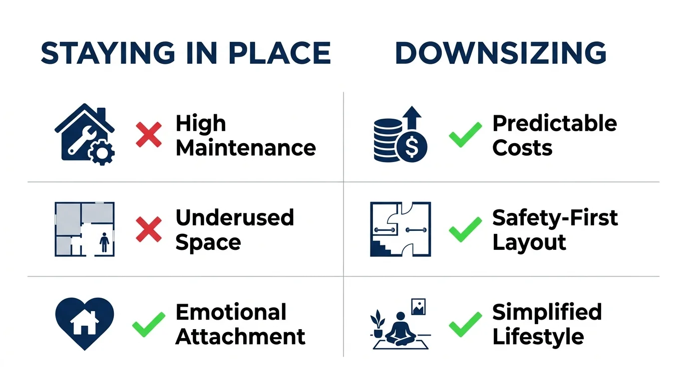 A side-by-side comparison chart showing the benefits of downsizing versus the challenges of staying in a large home.