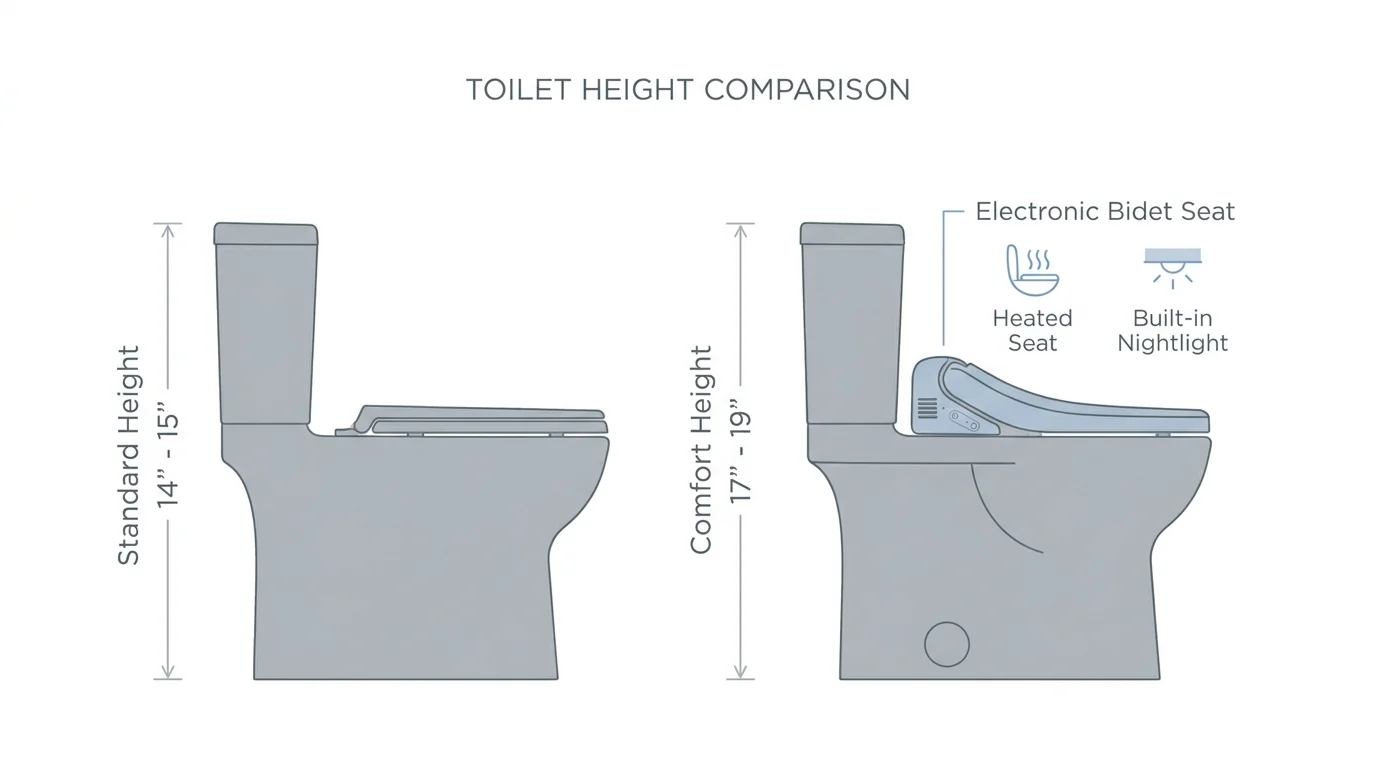 A side-by-side comparison diagram showing the height difference between a standard toilet and a 17-19 inch comfort-height toilet.