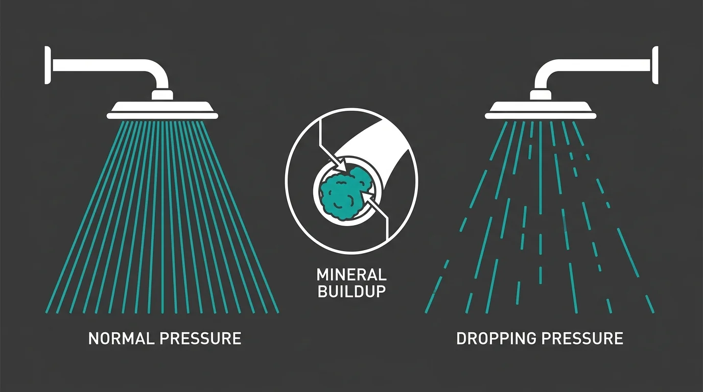A side-by-side diagram comparing a full shower spray with a weak shower spray to illustrate dropping water pressure.
