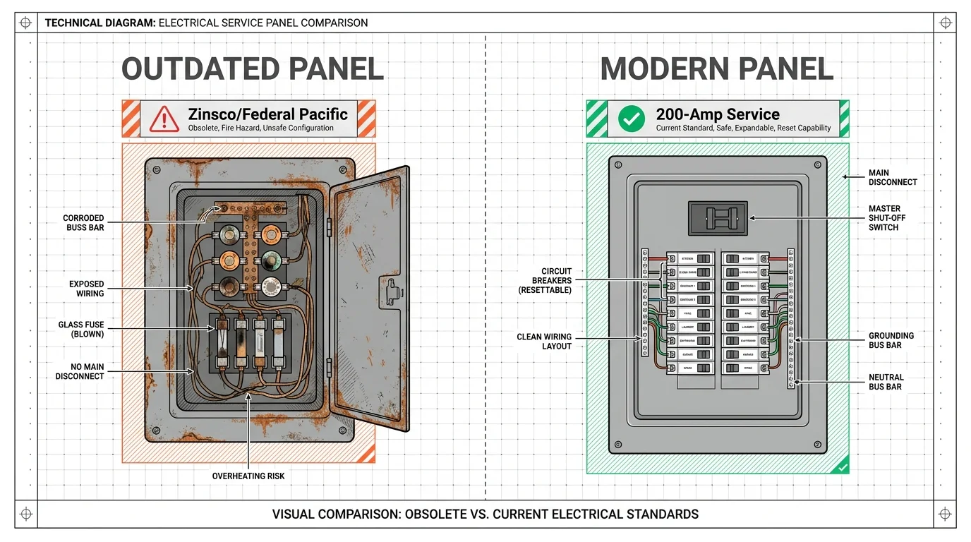 A side-by-side diagram comparing an old fuse box labeled as unsafe with a modern circuit breaker panel.