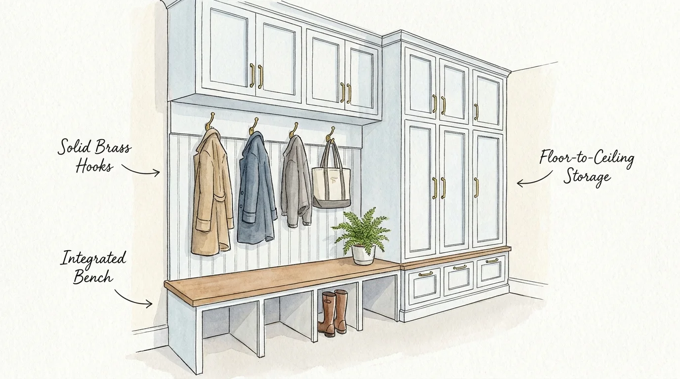 A soft watercolor illustration of a custom entryway storage unit with a bench, hooks, and cabinets.