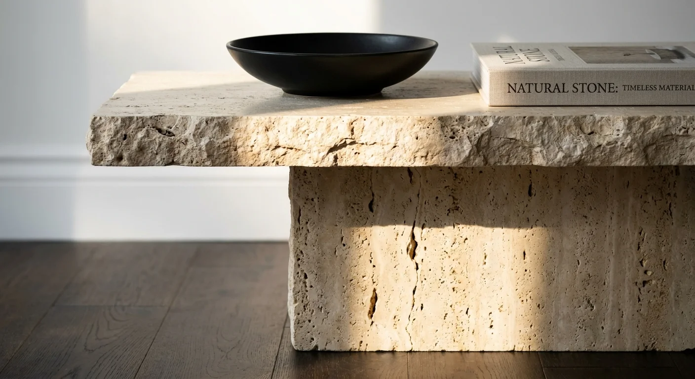A solid travertine stone console table with a minimalist black bowl, highlighting natural textures.