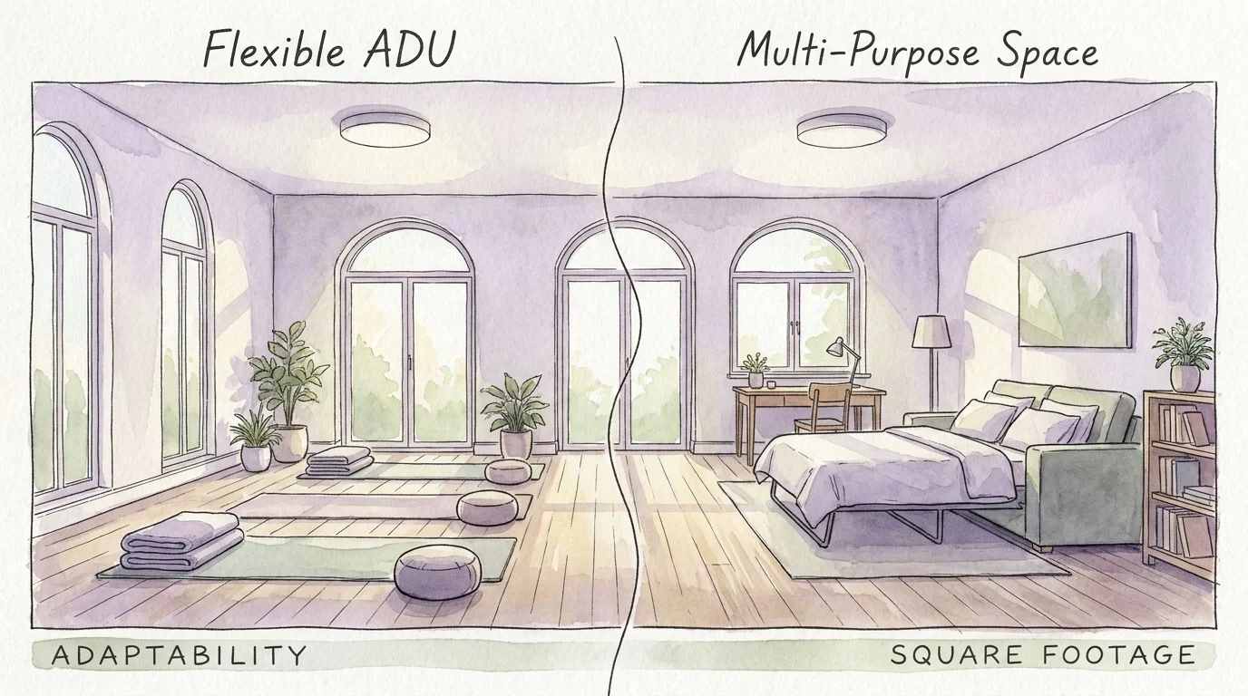 A split-view watercolor illustration showing one room used as both a yoga studio and a guest bedroom.