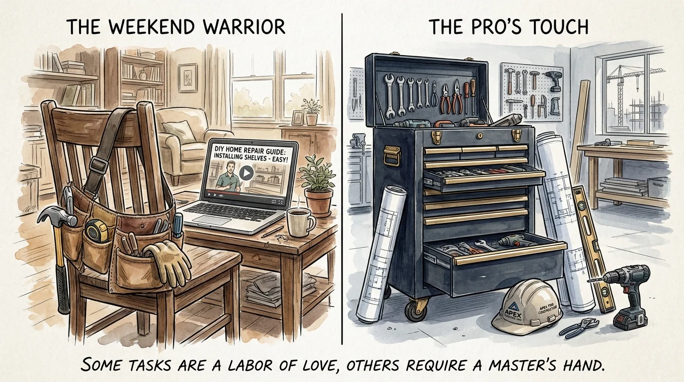 A split watercolor illustration showing a DIY tool belt on one side and professional contractor tools on the other.